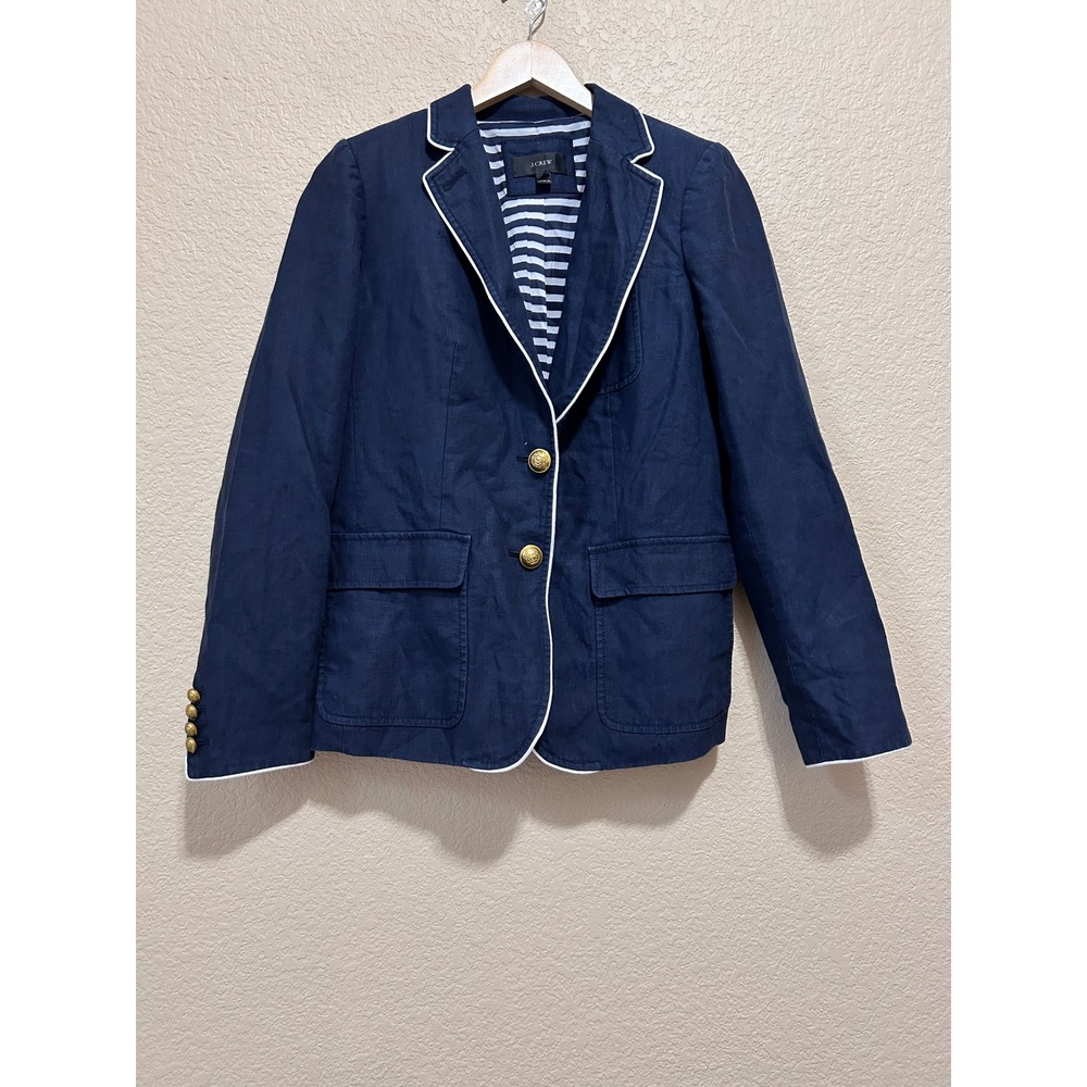 J.Crew 8 Linen Nautical Blazer Navy Blue White Piping Gold Buttons Preppy Jacket